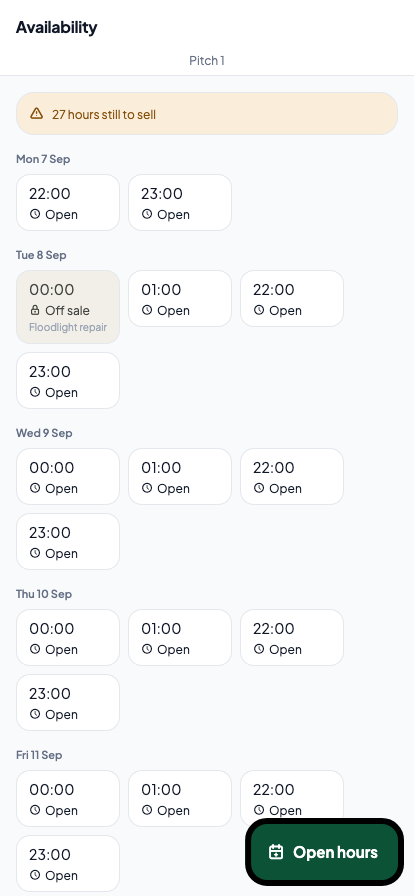 Availability for Pitch 1: a banner reading twenty-seven hours still to sell, then each day's hours as open, with one marked off sale for a floodlight repair.