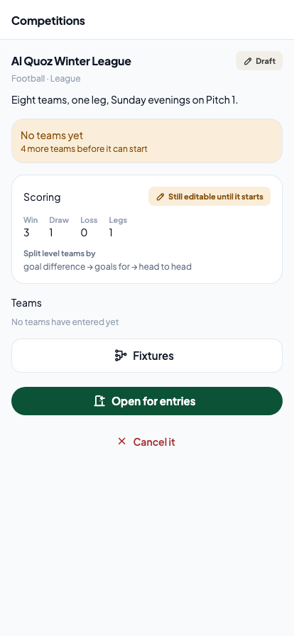 A draft league showing its scoring, that no teams have entered yet, and buttons to open it for entries or cancel it.