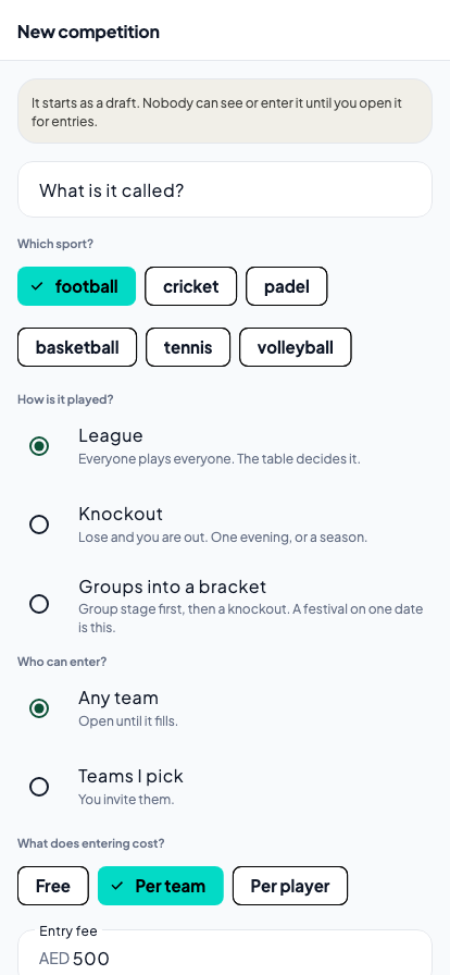 The new-competition form: a name field, sports to pick from, and the three formats with a line explaining each.