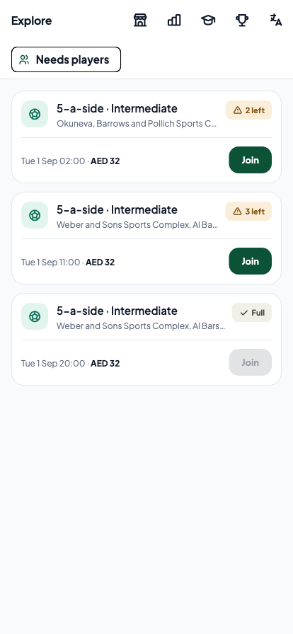 Games near you: three five-a-side games with the venue, the kick-off time, the price per player, how many places are left, and a Join button.