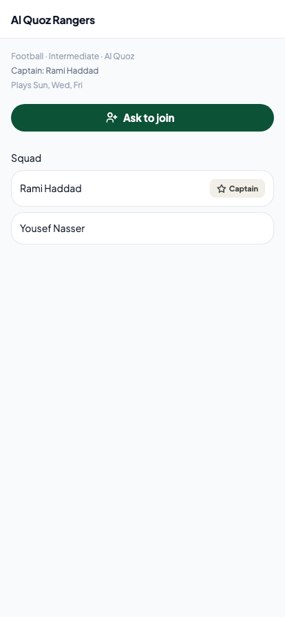 A team page: the sport, level and area, the captain's name, the days it plays, an Ask to join button, and the squad list with the captain marked.